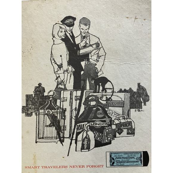 Vintage 1960s Ad Print Bob Peak Art On Board 14x10” Sign AMEX Travelers Cheques - Picture 1 of 6
